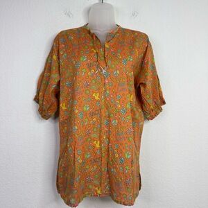 Olga Valentine‎ Shirt Womens 12 Orange Peace Love Floral Boho Hippie Artsy Tunic